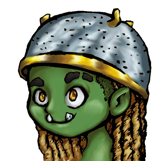 Roxie is a half-orc paladin of the Flying Spaghetti Monster who has appeared in a number of charity games. Art by Kay Purcell